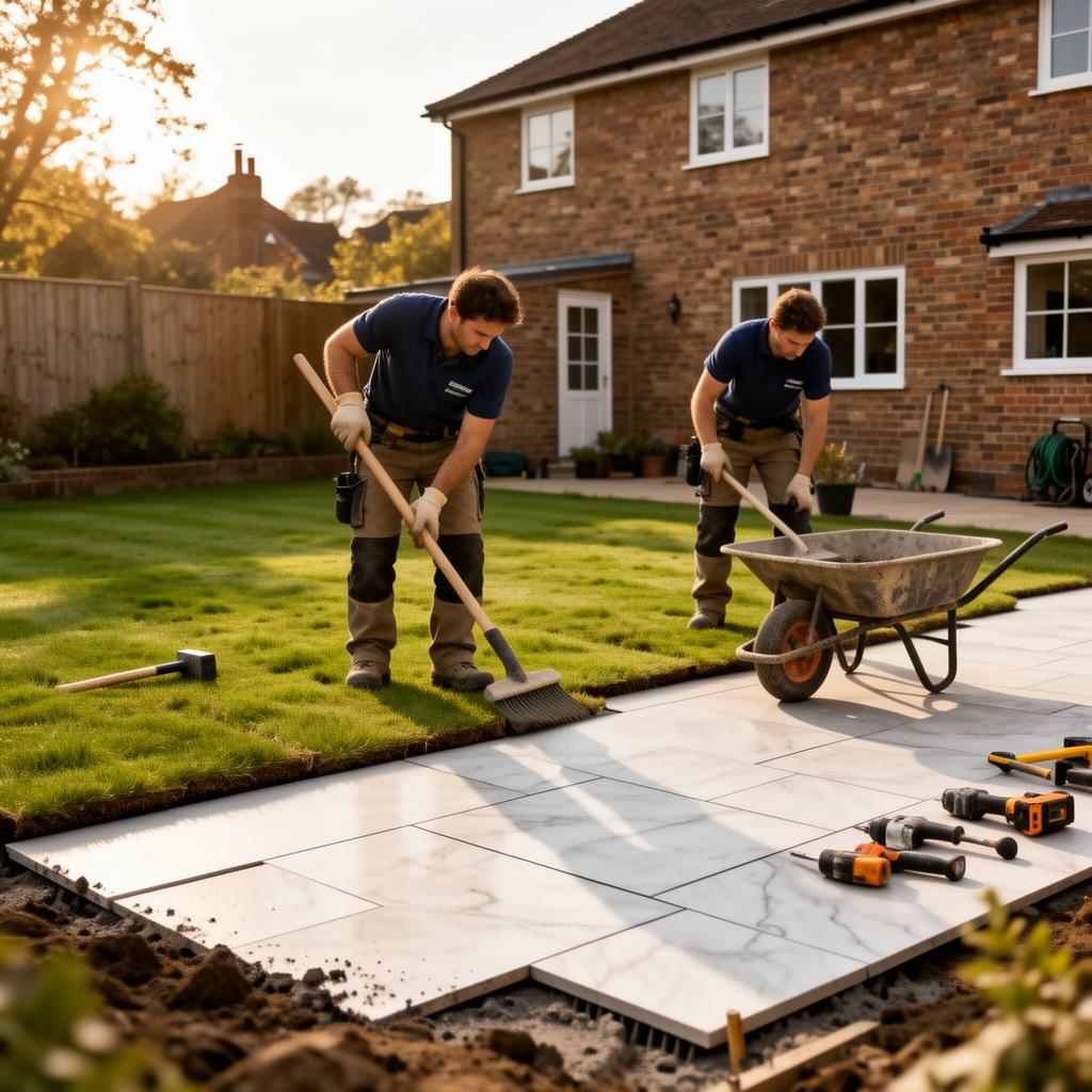 CS Landscaping & Building team standing in a finished Hertfordshire garden